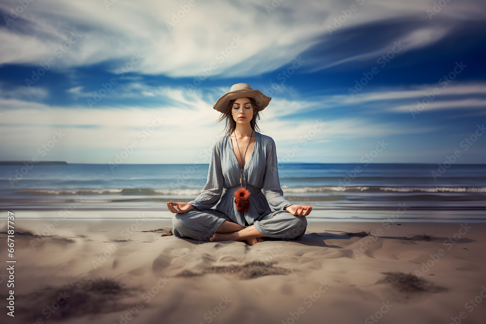 Fototapeta premium Girl in a hat on the beach doing yoga.