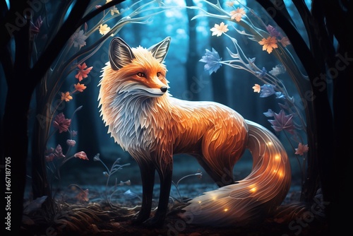 A photo of orange color fox in the forest at night. 3D illustration. Fairy tale. Generative AI photo