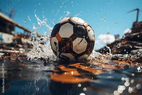 Dirty leather soccer ball in puddle outdoors.