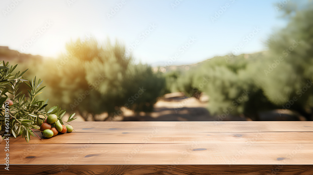 Empty old wooden board table copy space with olive trees in background, use for product display.
Empty old wooden board table copy space with olive trees in background, use for product display.