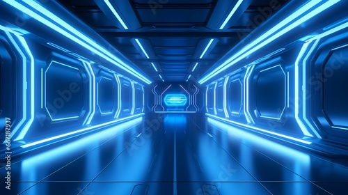 3D rendering of blue neon glowing spaceship background
