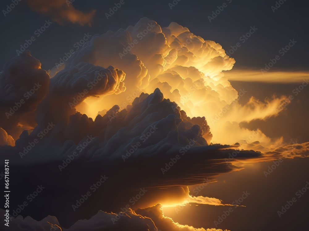 Una majestuosa nube blanca iluminada por una puesta de sol dorada, sus bordes esponjosos iluminados por la luz cálida