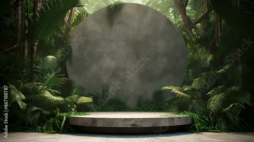 Concrete podium in tropical forest for product