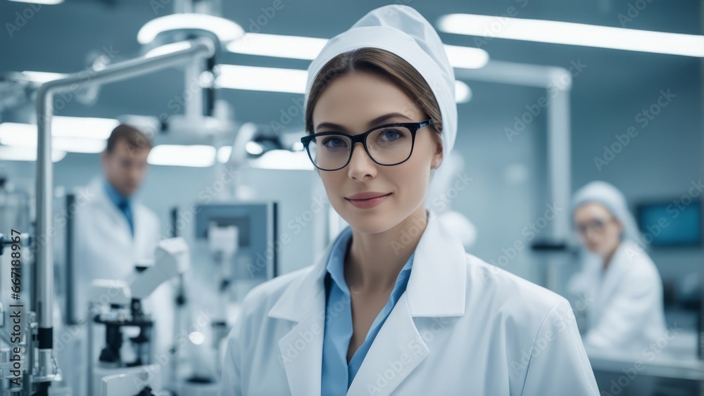 eautiful young woman scientist wearing white coat and glasses in modern Medical Science Laboratory eautiful young woman scientist wearing white coat and glasses in modern Medical Science Laboratory