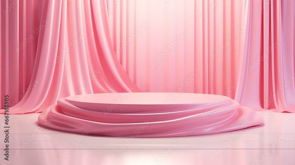 Empty pink podium with curtains for product