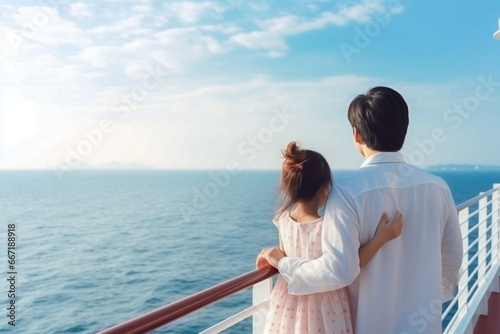 Asian child girl traveling on a cruise ship with her father they enjoy the beautiful sunny atmosphere on the ship