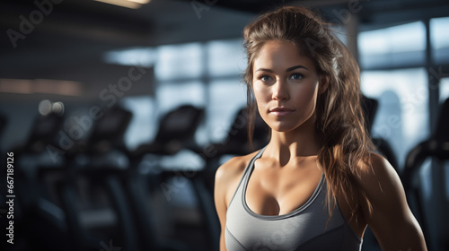 A portrait of a woman engaged in an intense workout with a modern gym equipments 