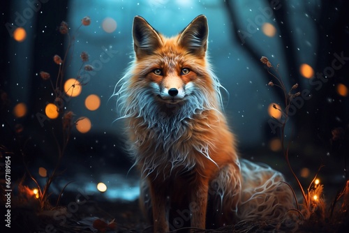 orange color fox in the forest at night. 3D illustration. Fairy tale. Generative AI © Saim Art