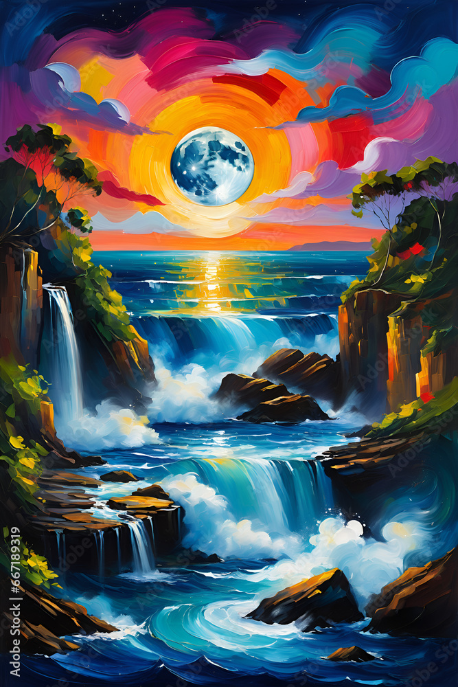 Unique Digital Painting Moonlit Sea Views, Waterfalls, and Abstract Colors