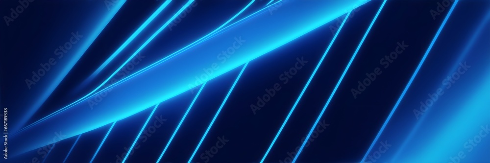 Abstract blue background. Blue neon stripes and lines seamless banner. Abstract blue neon light lines effect seamless background banner.