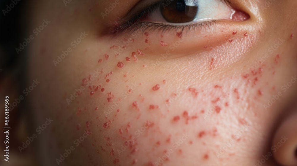 acne on woman face with rash skin, scar, and red skin syndrome allergic to cosmetics, use steroids, dermatology, inflammation, infection, hygiene. - obrazy, fototapety, plakaty 