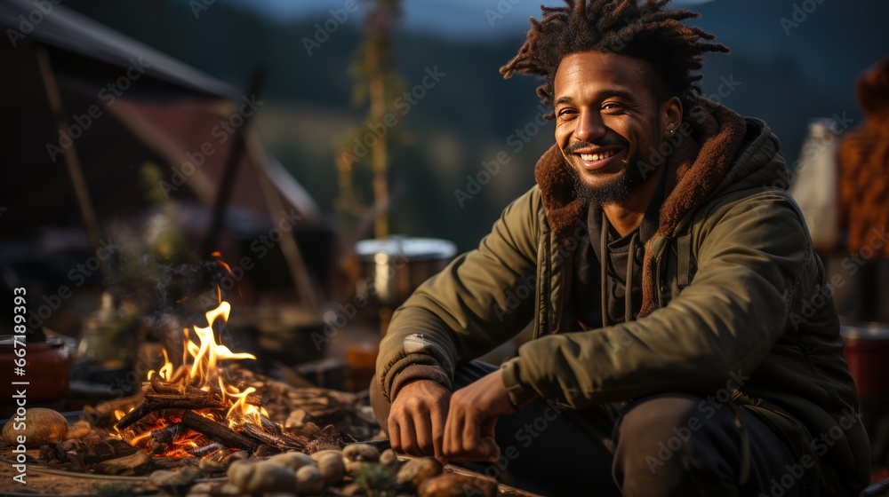 Homeless man warming-up near campfire. Smiling homeless bearded black man sits attempting to shielding from biting cold finding solace in flickering flames by campfire in mountains.