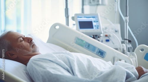 patient lying on bed on background. Worker checking patient information on digital tablet, hospital, medicine, illness, ward, bed, recovery, clinic, sick.