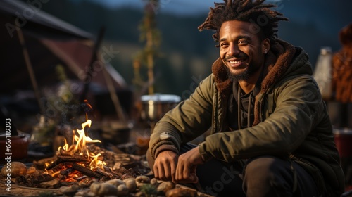 Homeless man warming-up near campfire. Smiling homeless bearded black man sits attempting to shielding from biting cold finding solace in flickering flames by campfire in mountains.