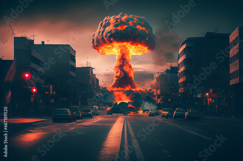 Nuclear bomb explosion in the city. Created with Generative AI technology