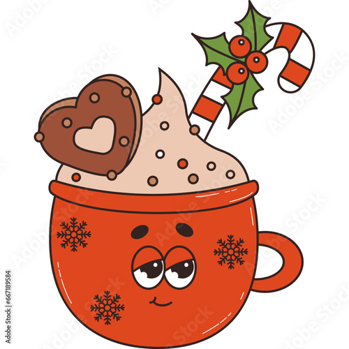 Christmas retro red cup cocoa with gingerbread and caramel stick. 60 -70s vibes groovy character. Merry Christmas and Happy New Year.