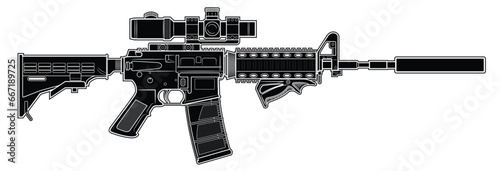 Papier peint Vector drawing of an popular M4 assault rifle with adjustable stock, optical sight, silencer and the triangle front grip on a white background