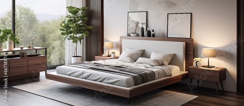 King size bed in bedroom with wood headboard mirrored translucent curtains study table and matching side tables © Vusal