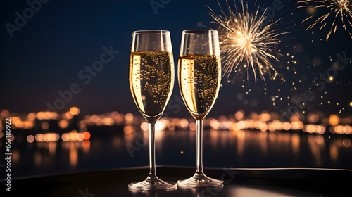 Close up of Champagne Glasses in front of gold Fireworks. Festive Template for New Year s Eve and Celebrations