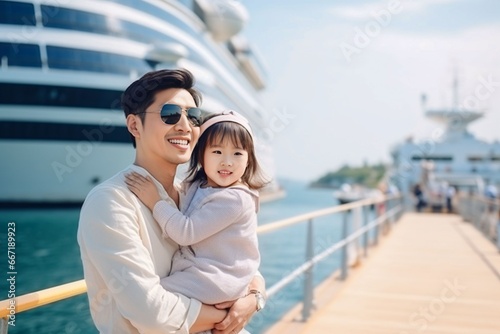 Asian child girl traveling on a cruise ship with her father they enjoy the beautiful sunny atmosphere on the ship © A Denny Syahputra