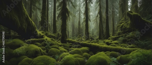 ain Forest. Beautiful View of Fresh Green Trees in the Woods with Moss photo