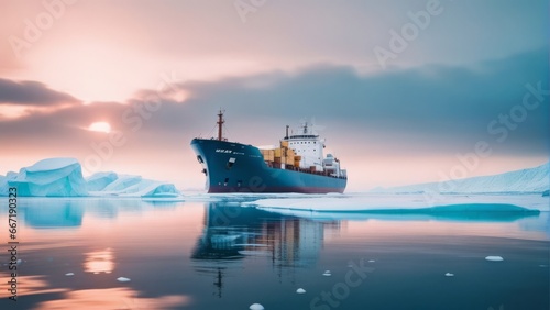 Cargo ship in icy Arctic waters isolated on a gradient background