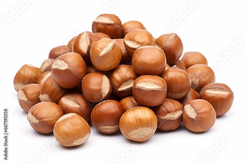 Hazelnuts in various sizes on a blank background. Generative AI