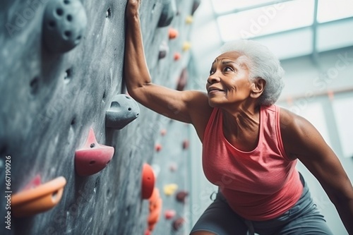 african old sportswoman exercises climbing on climbing wall