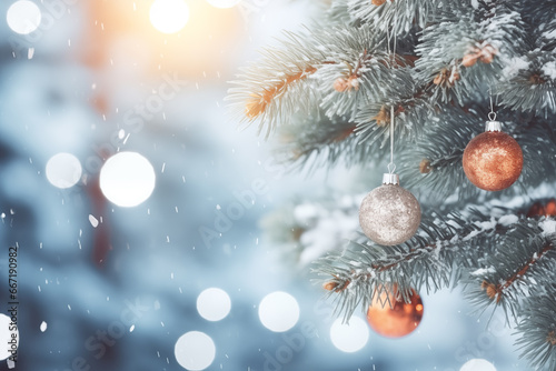 christmas tree with balls and snow