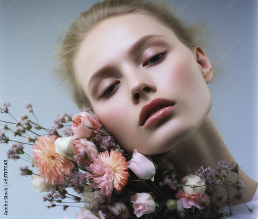 Beautiful young woman with flowers.	