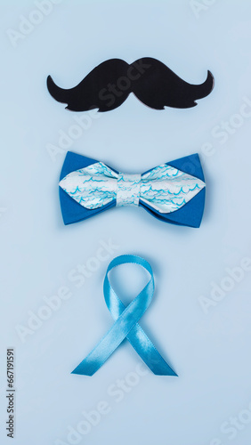 Black moustache and blue ribbon - symbol of men's health, suicide prevention. Mental health. Testicular or prostate cancer awareness month