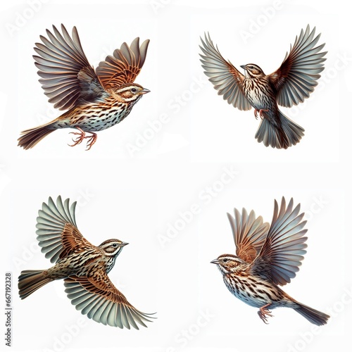 A set of male and female Song Sparrows flying isolated on a white background © DLW Designs