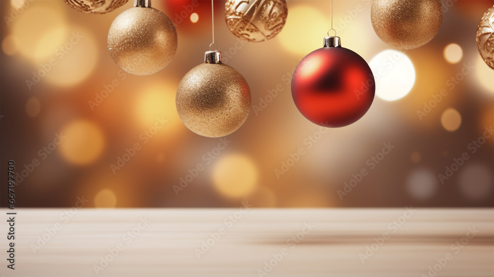 christmas balls hanging from a string on a wooden table