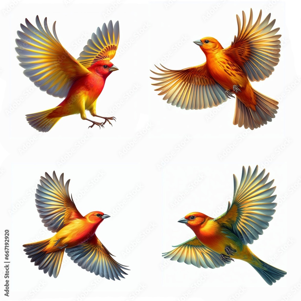 A set of Summer Tanagers flying isolated on a white background A set of Summer Tanagers flying isolated on a white background