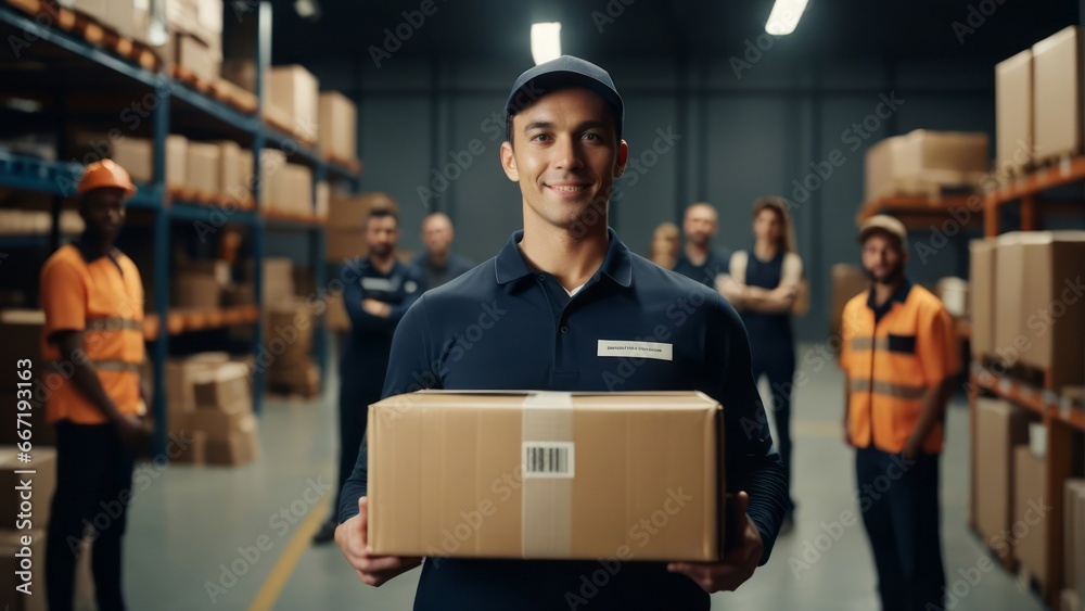 elivery man in warehouse Delivery man holding parcel box looking at camera with work team behind elivery man in warehouse Delivery man holding parcel box looking at camera with work team behind