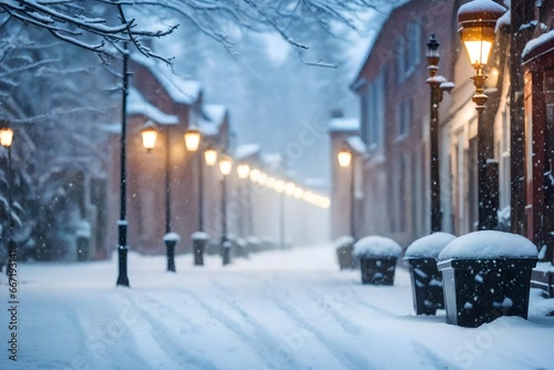 blurred background of snowfall in the morning on town alley . 