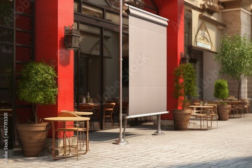 A blank rollup banner positioned next to a restaurant. Rendered in 3D. Generative AI