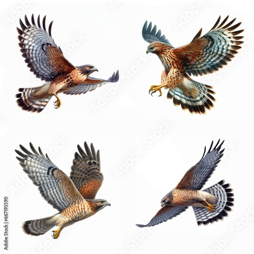 A set of male and female Swainson's Hawks flying isolated on a white background © DLW Designs