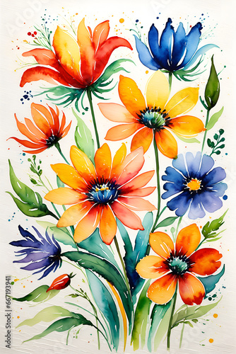 Vibrant Watercolor Flowers Colorful Nature Design on Paper