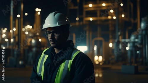 Engineer wear uniform and helmet stand workplace, survey inspection team work plant site to work