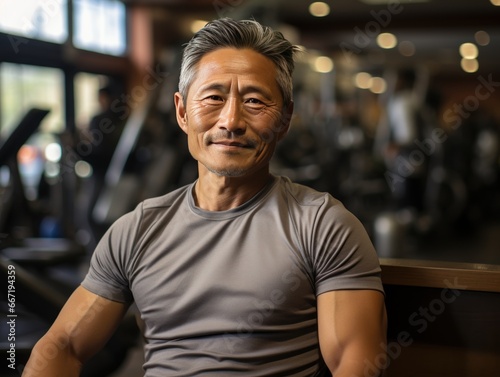 A mature man with graying hair poses confidently in a gym setting, with equipment and individuals working out in the background.
