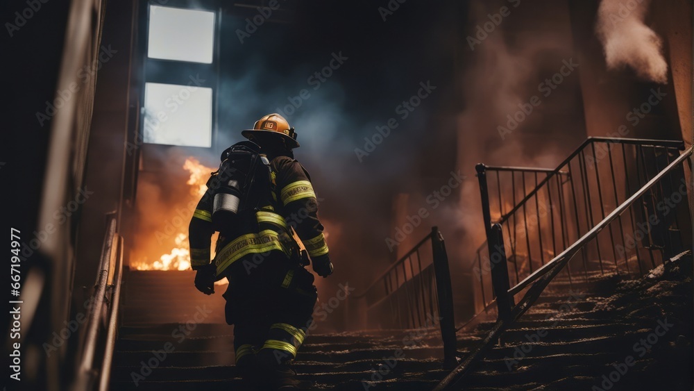 Firefighter going up the stairs in burning building - obrazy, fototapety, plakaty 