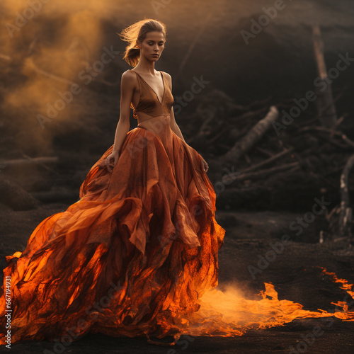 model wearing an orange distressed and tattered burning dress with visible flames
