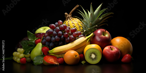 Freshness and variety of healthy fruits on wooden table A bunch of fruits on a black backgroundA large display of fruit is displayed on a black background  generative AI  