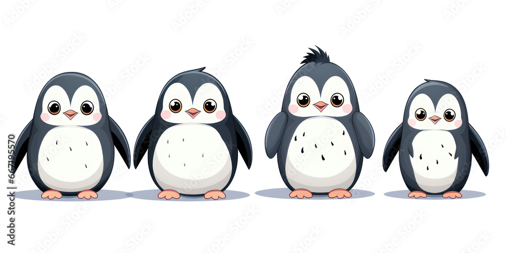 Cute cartoon baby penguins, flat vector, isolated