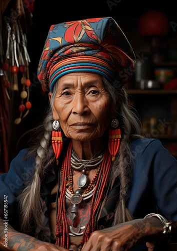tattooed latin senior woman with a long hair with the tipical clothe. IA photo