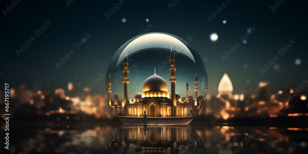 Greeting card template and poster background with mosque or lantern A beautiful mosque on a lake with lights on the night, generative AI

