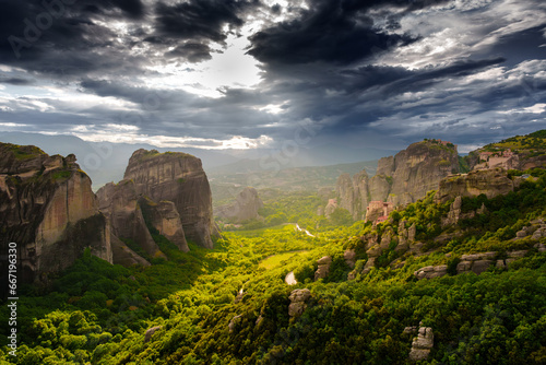 Landscape with monasteries and rock formations in Meteora, Greece.