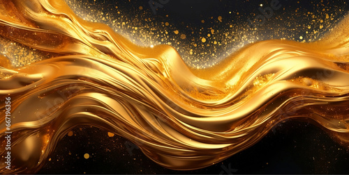 Luxury sparkling,Luxury golden wave of lights and sparkle,elegant fluid data transfer technology. Gold sparkle splatter border.Gold Foil Frame Gold brush strokes bokeh gold swirl on black background.