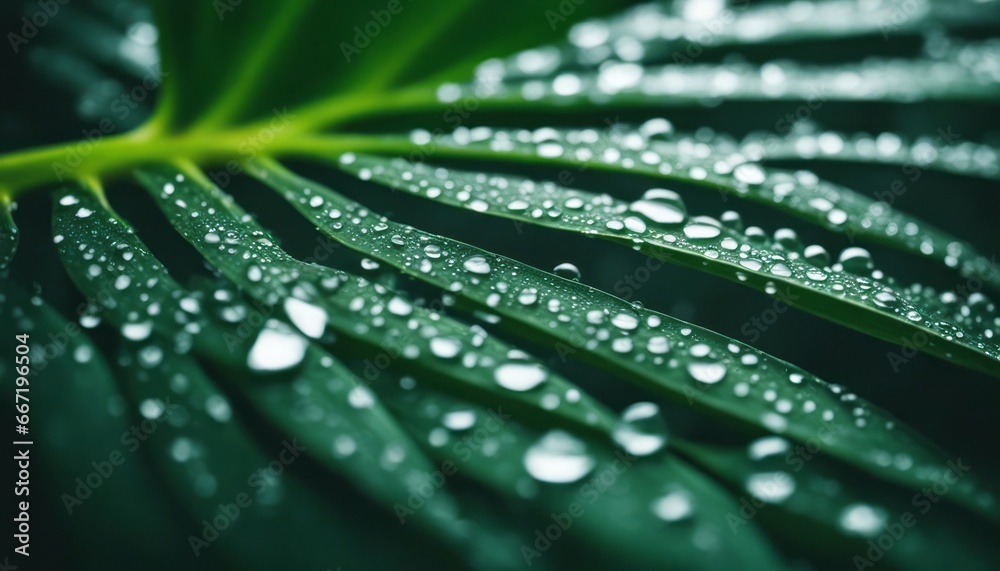 Naklejka premium Foliage of tropical leaf in dark green with rain water drop on texture, abstract pattern nature
